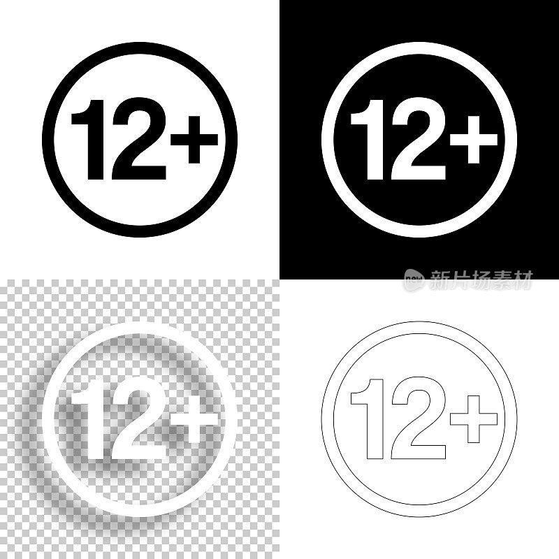 12+ 12+年龄限制。图标设计。空白，白色和黑色背景-线图标